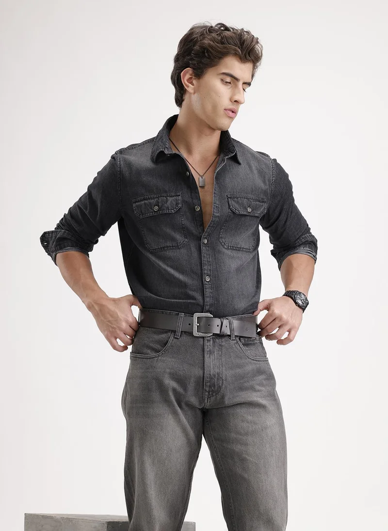 روجن Slim Fit Faded Denim Shirt  | Black